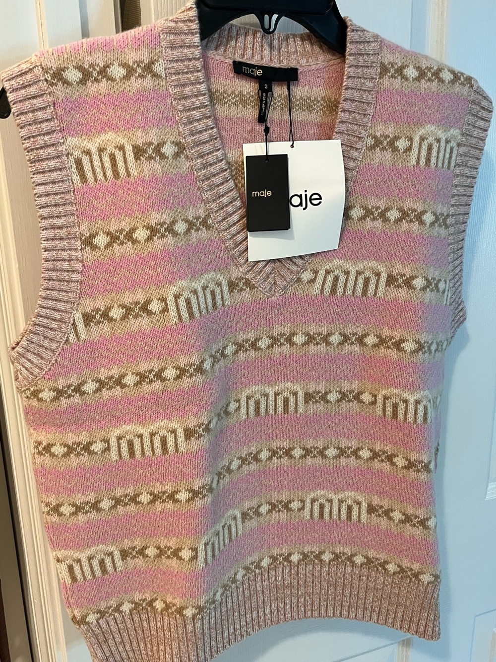 Maje Pink, Beige and Cream Fair Isle V-Neck Sweater Vest